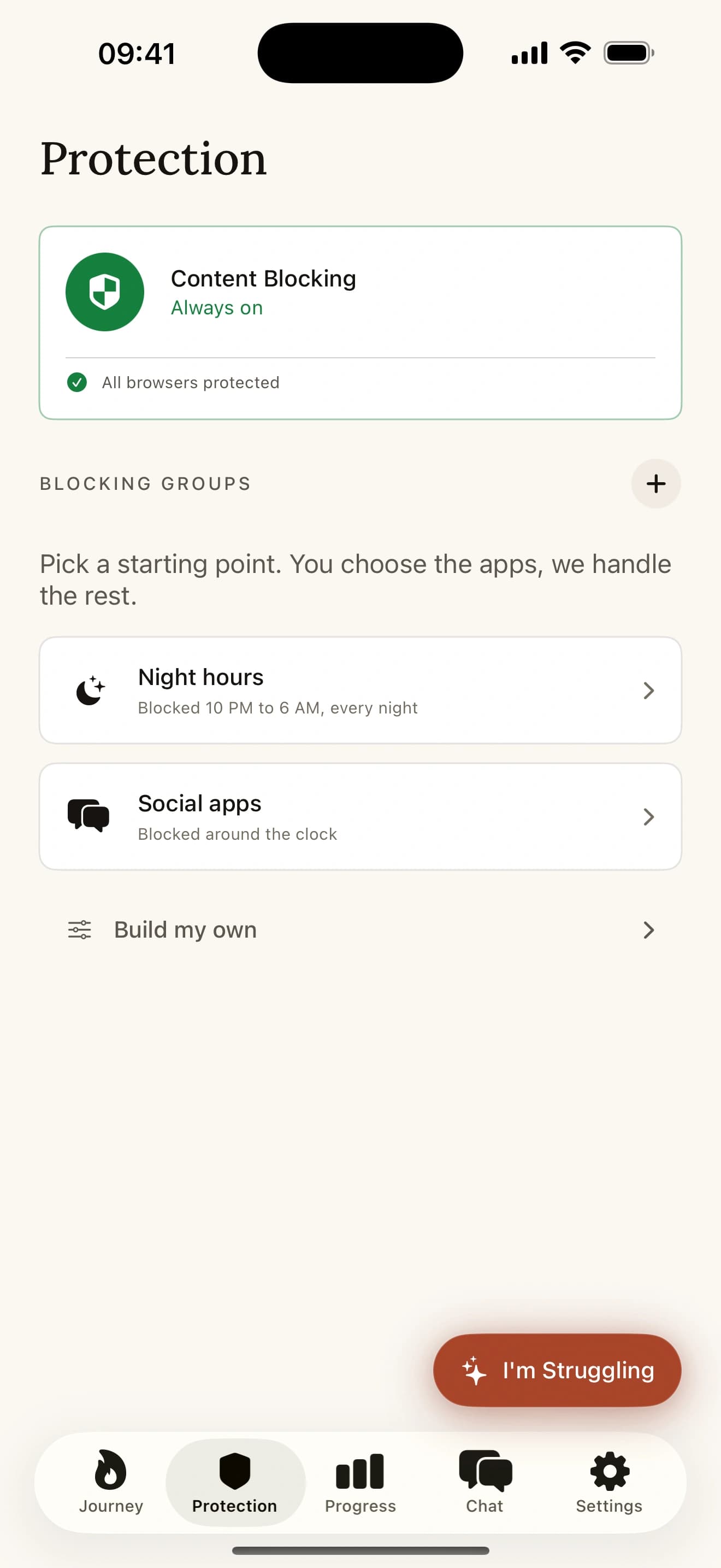 The Protection screen: content blocking always on, Night hours blocked 10 PM to 6 AM, Social apps blocked around the clock.